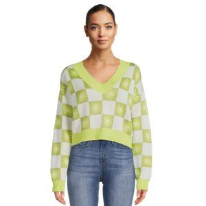 NWT Madden NYC Chartreuse Neon Floral Cropped Sweater Y2K 70s Retro Knit Hippie
